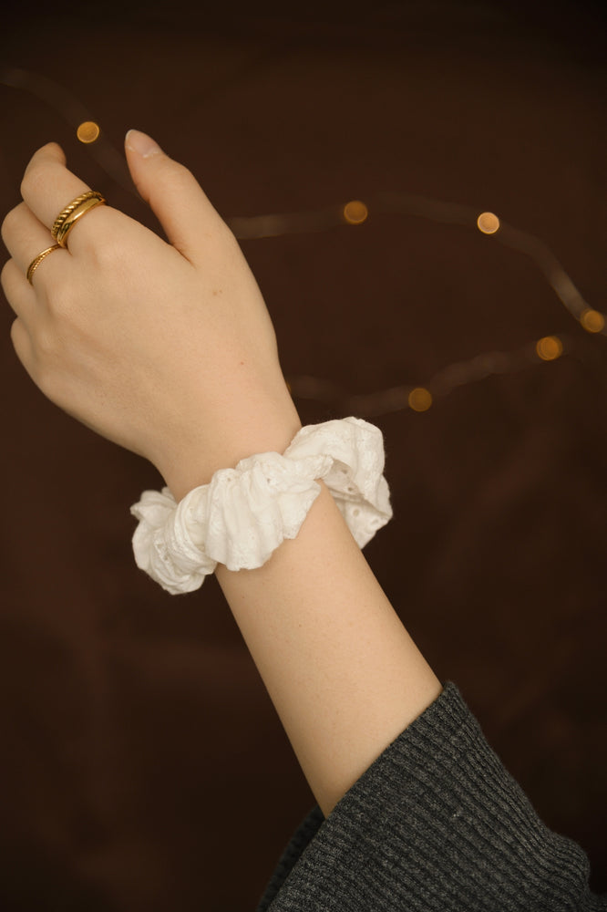 
            
                Load image into Gallery viewer, Eyelet White Scrunchie
            
        